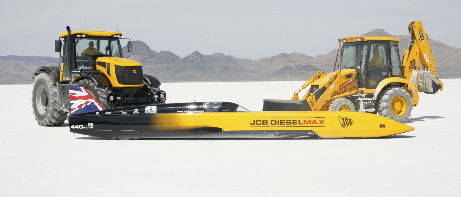 Fastrac 8250, Dieselmax and JCB Backhoe Loader at Bonneville saltflats