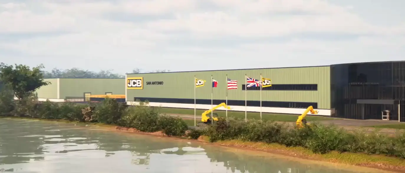 Showcasing JCB’s new San Antonio facility, featuring the grand exterior and the assembly floor inside.